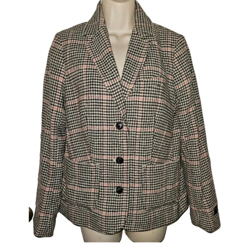 LL Bean Blazer Jacket Wool Silk Coral Black‎ Houndstooth Bellandi Career Size S